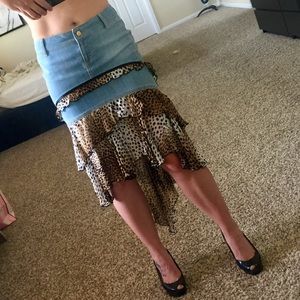 Roberto Cavalli Leopard Chiffon Denim Skirt NWT